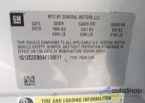 2010 Chevrolet Malibu Lt z USA, uszkodzony, nr VIN 1G1ZC5EB8AF230611